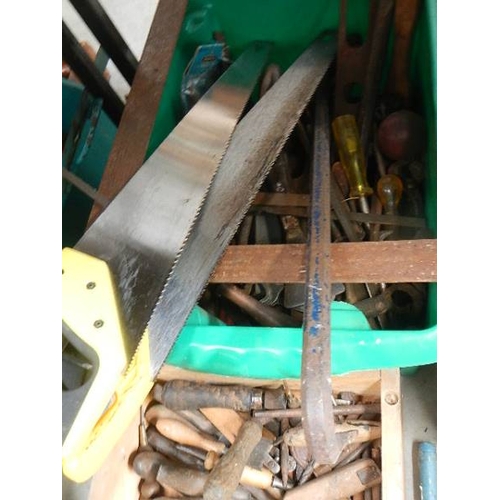 87 - Two boxes of old tools including saws.