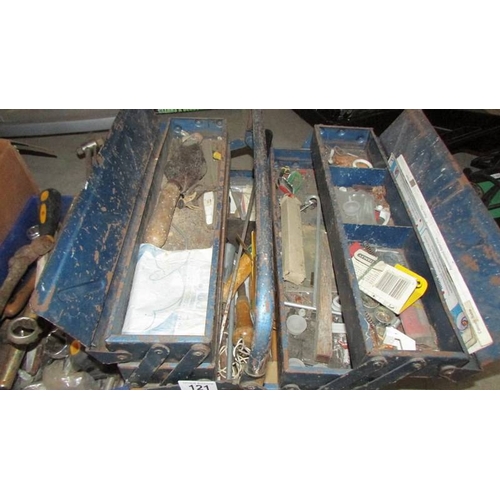 121 - A cantilever tool box with contents and two boxes of assorted tools, car parts etc., (Collect only)