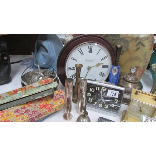 175 - A mixed lot of vintage boxes, silver sugar tongs, clocks etc., (Collect only)