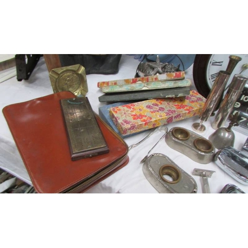 175 - A mixed lot of vintage boxes, silver sugar tongs, clocks etc., (Collect only)