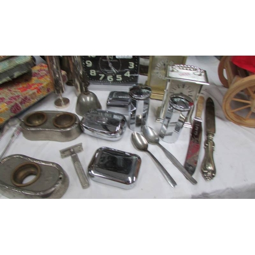 175 - A mixed lot of vintage boxes, silver sugar tongs, clocks etc., (Collect only)