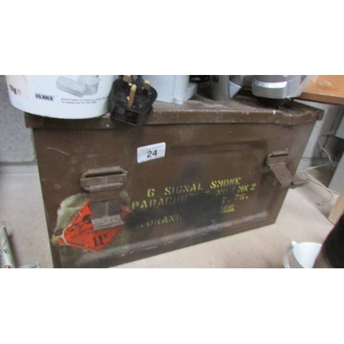 24 - A metal MOD ammo box, two drill/saw sharpeners and a tub of good quality drill bits.