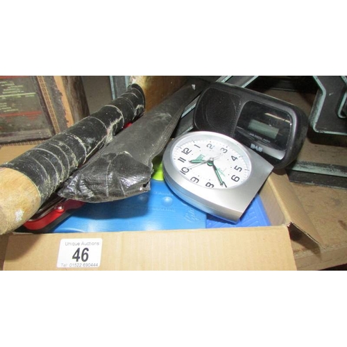 46 - A box of new ice packs, a radio alarm clock, a DAB Radio clock, a new watch repair kit, cricket bat ... 