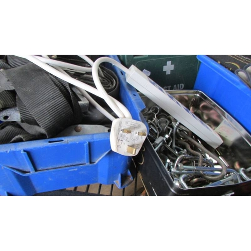 47 - A shelf full of gloves/straps/clamps/ u bolts and a tap and die set.