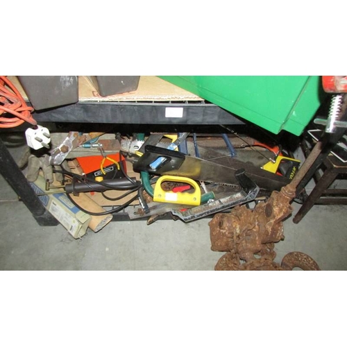 6 - Three shelves of workshop tools including block and tackle etc., (Collect only)