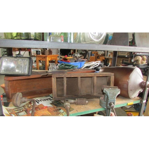 89 - Two shelves of miscellaneous bottles, tools, vice etc.,