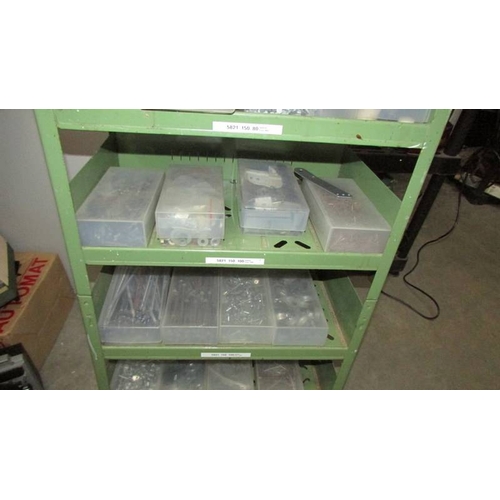 95 - A green metal shelf unit with 40 boxes of assorted screws, nails etc., (Collect only)