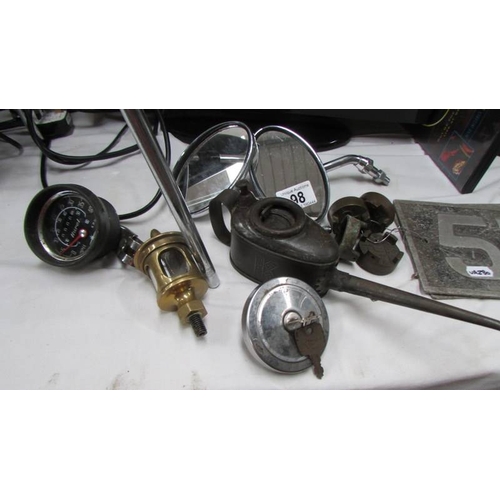 98 - A pair of old car number plates, wing mirrors, oil can etc.,