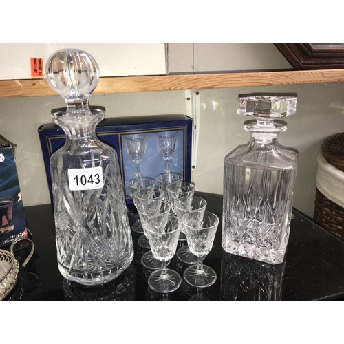 1043 - 2 decanters, boxed sets of glasses (6 & 2), boxed tray & glasses, set of 8 & 4 glasses & spare decan... 