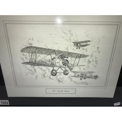 1052 - A framed & glazed WWI Sopwith Camel pencil sketch signed David Hawker