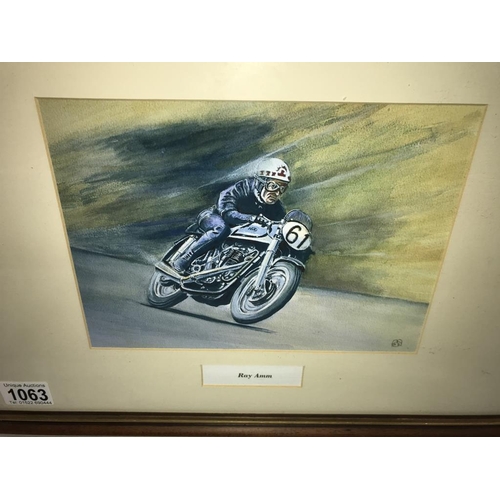 1063 - A framed & glazed print of Ray Amm on a Norton by Mick Craven