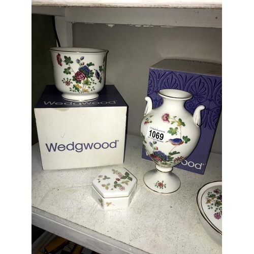 1069 - A boxed Wedgwood Victorian vase , candy box, a lidded bowl (cuckoo pattern) & 2 other pieces