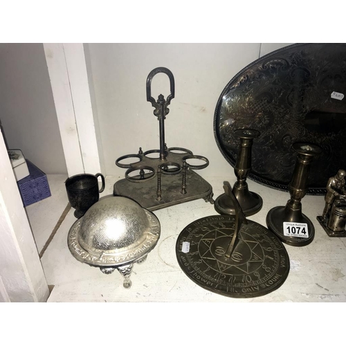 1074 - A brass sundial, silver plated tray, oak & chrome candlesticks & a quantity of silver plated figures