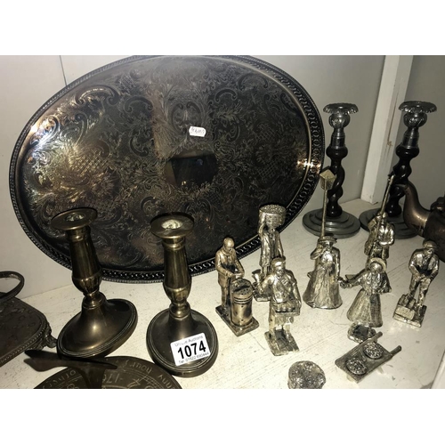 1074 - A brass sundial, silver plated tray, oak & chrome candlesticks & a quantity of silver plated figures