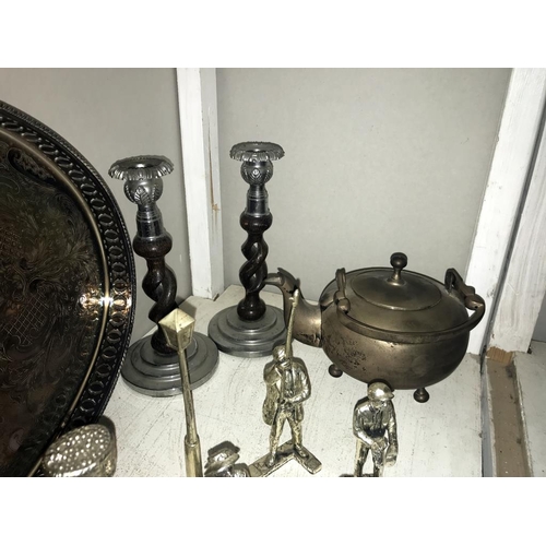 1074 - A brass sundial, silver plated tray, oak & chrome candlesticks & a quantity of silver plated figures