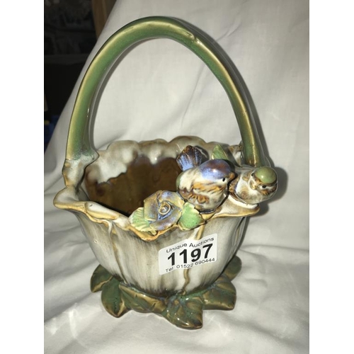 1197 - 2 Studio pottery basket planters with birds on rim