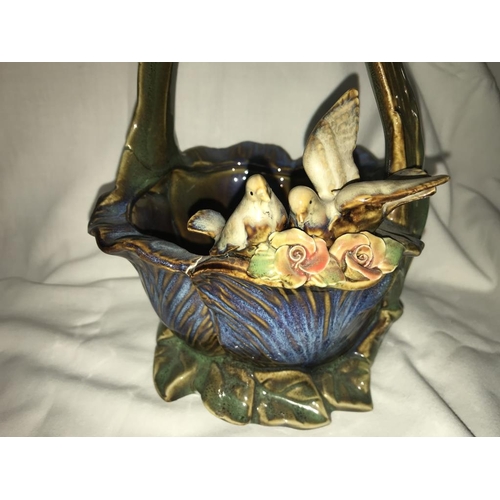 1197 - 2 Studio pottery basket planters with birds on rim