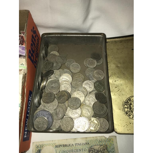 1220 - A tin of six pence coins & small lot of mixed stamps etc.