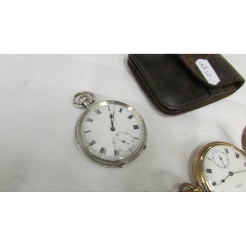 2050 - A Waltham gold plated full hunter pocket watch and a silver pocket watch with leather pouch.