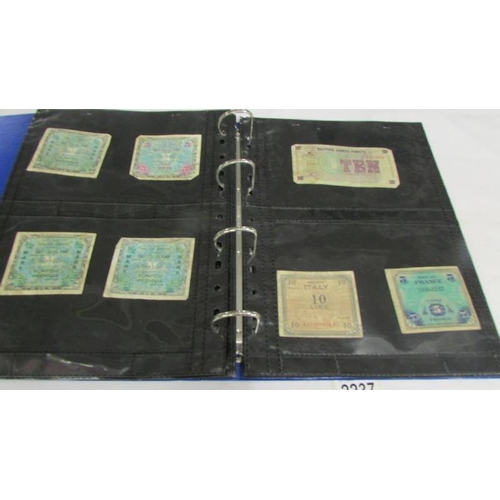 2237 - An album of bank notes including UK £1, UK 10/-, USA, Japan, Germany, France, Malaya etc.,