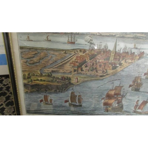 2327 - A 19th century engraving entitled 'A Prospect of the Towne and Harbour of Harwich', 64 x 54 cm. (Col... 