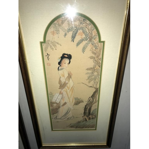 1233 - 2 oriental watercolours on silk, 1 signed (28cm x 53cm)  (Collect only)