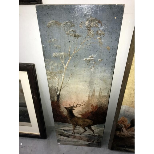 1234 - A pair of stag pictures on heavy wooden panels (95cm x 33cm & 98cm x 36.5cm) (Collect only)