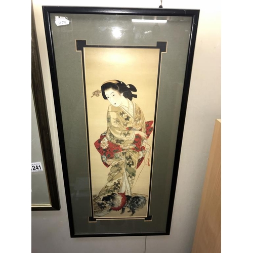 1241 - A fine framed & glazed Japanese oil on silk of mother & baby & a framed & glazed picture of a Geisha... 