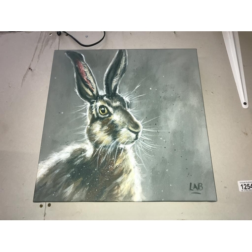 1254 - 2 large & 1 small canvas pictures 'laughing donkey (80cm x 60cm), Highland cow (79cm x 60cm) & hare ... 