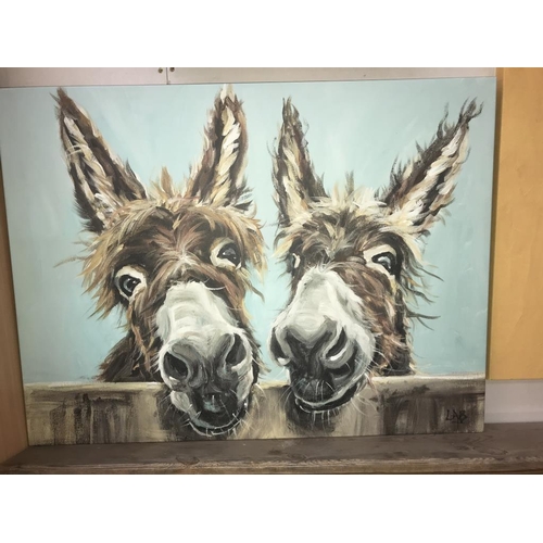 1254 - 2 large & 1 small canvas pictures 'laughing donkey (80cm x 60cm), Highland cow (79cm x 60cm) & hare ... 