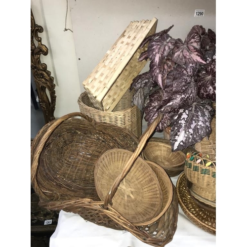 1290 - A good lot of wicker baskets etc. & 2 artificial plants