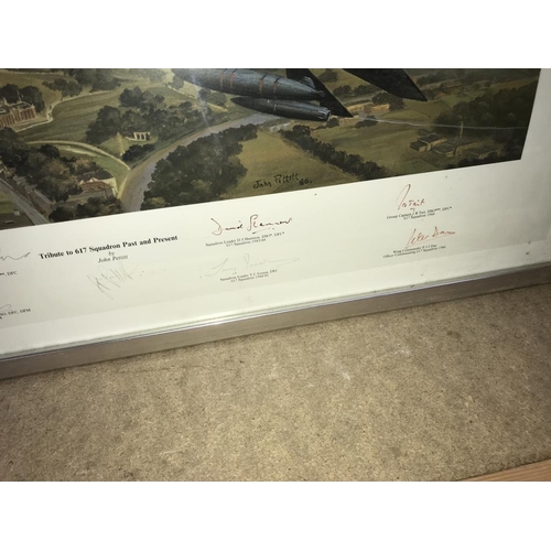 1293 - A framed & glazed Tribute to 617 Squadron past & present by John Pettitt, 86' signed by artist & 8 o... 