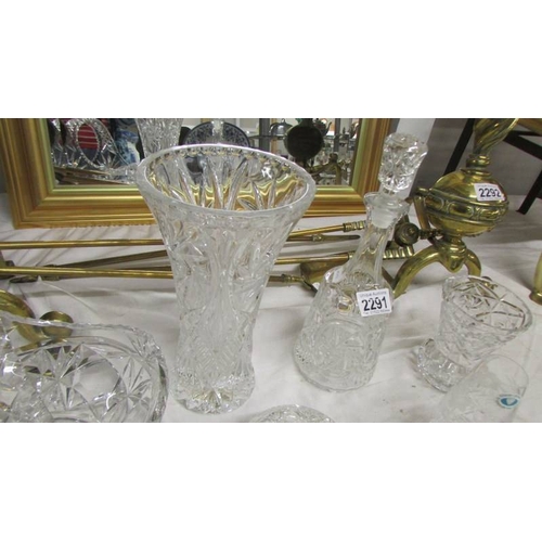 2291 - Three cut glass vases, a cut glass decanter, a cut glass rose basket and a cut glass powder bowl. (C... 