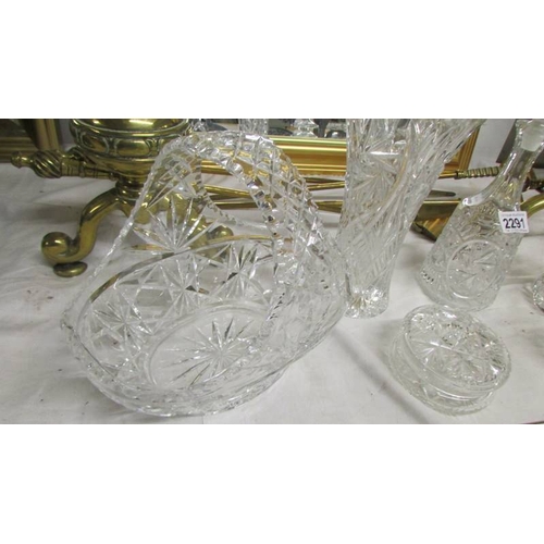 2291 - Three cut glass vases, a cut glass decanter, a cut glass rose basket and a cut glass powder bowl. (C... 