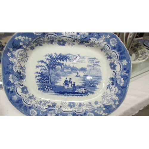 2345 - Two blue and white lake scene platters, 50 x 40 cm and 40 x 32 cm. (Collect only)