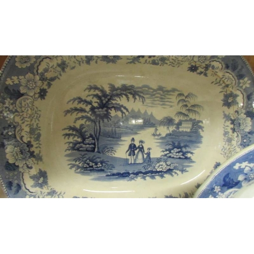 2345 - Two blue and white lake scene platters, 50 x 40 cm and 40 x 32 cm. (Collect only)