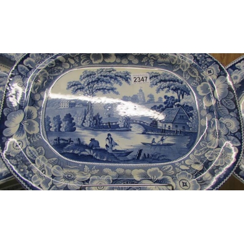 2347 - Three blue and white meat platters 43 x 33 cm, some wear and crazing to bottoms, (Collect only)