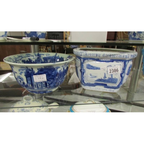 2386 - A large blue and white bowl together with a blue and white planter.