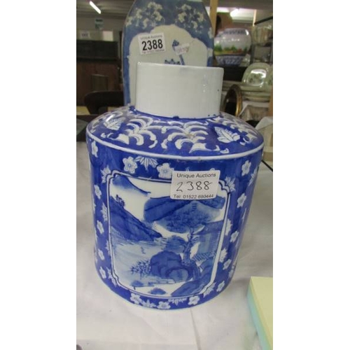 2388 - A blue and white vase and a blue and white jar, missing lid.  (Collect only)