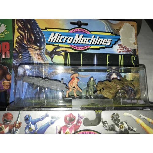 1362 - 4 vintage unopened Micro Machines, Power Rangers #1 Red Ranger, Aliens Collection & #3 Megazoid Vs S... 