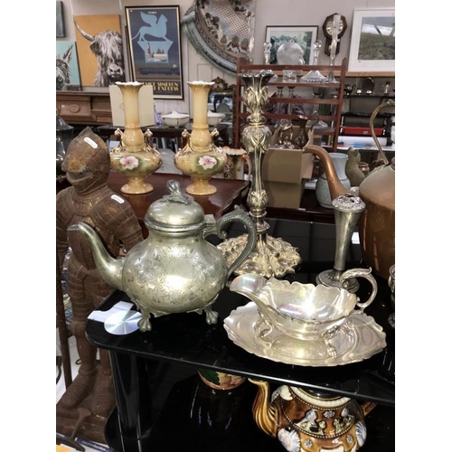 1363 - A Victorian copper kettle, ornate silver plated candlestick & gravy boat on tray etc.