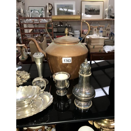 1363 - A Victorian copper kettle, ornate silver plated candlestick & gravy boat on tray etc.