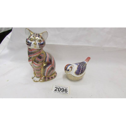 2096 - Two Royal Crown Derby paperweights with gold stoppers - Cat and bird.