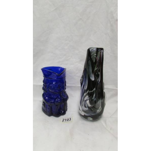 2103 - Two pieces of Whitefriars glass - knobly vase in streaky green (Wilson & Dyer) and vintage M163 blue... 