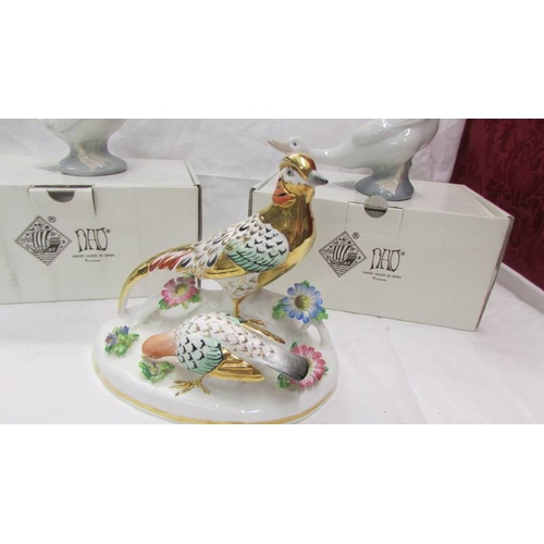 2411 - A hand painted golden pheasant group and two boxed NAO ducks.