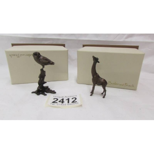 2412 - Two boxed Butler & Peach fine bronze animal being a giraffe and a barn owl,