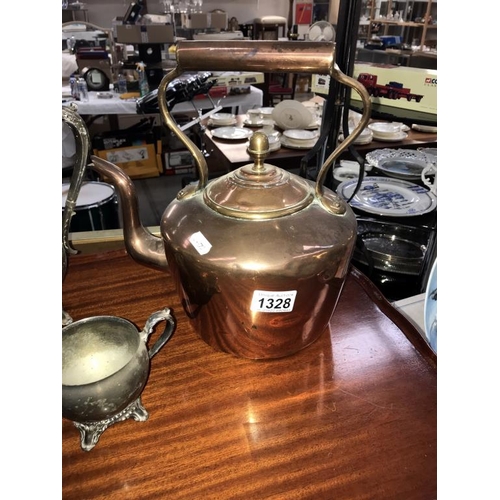 1328 - A copper kettle & a pewter tea/coffee set (coffee pot missing knob)