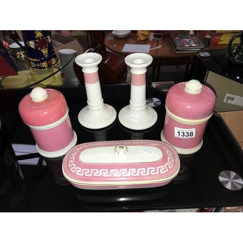 1338 - 2 pink lidded jars, soap dish & pair of candlesticks