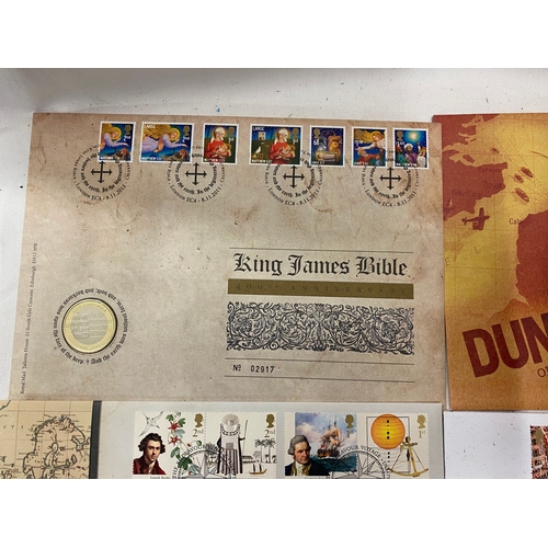 2236 - Three stamp covers - Dunkirk 70th, Captain Cook with £2 coin, King James Bible with £2 coin, Queen E... 