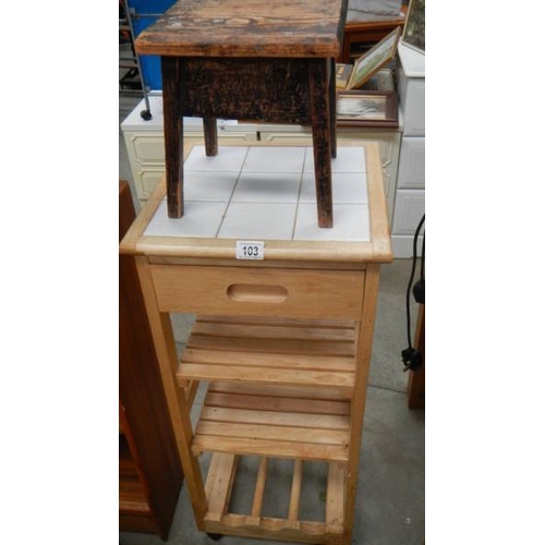 103 - A pine kitchen unit and a pine stool. (collect only)